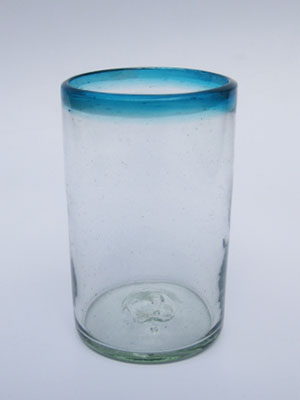 Sale Items / Aqua Blue Rim 14 oz Drinking Glasses  / These glasses are sure to embelish any table setting, with their aqua blue decor.<br>1-Year Product Replacement in case of defects (glasses broken in dishwasher is considered a defect).